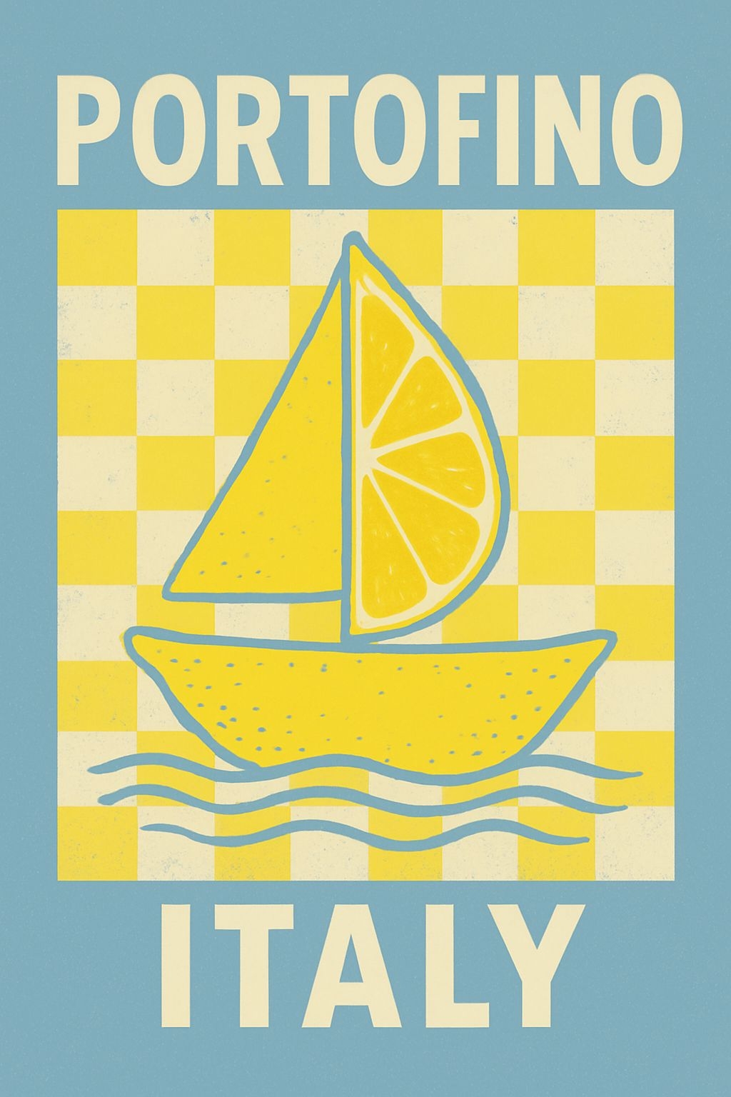 Playful Retro Lemon Sailboat with Checkerboard Pattern Poster