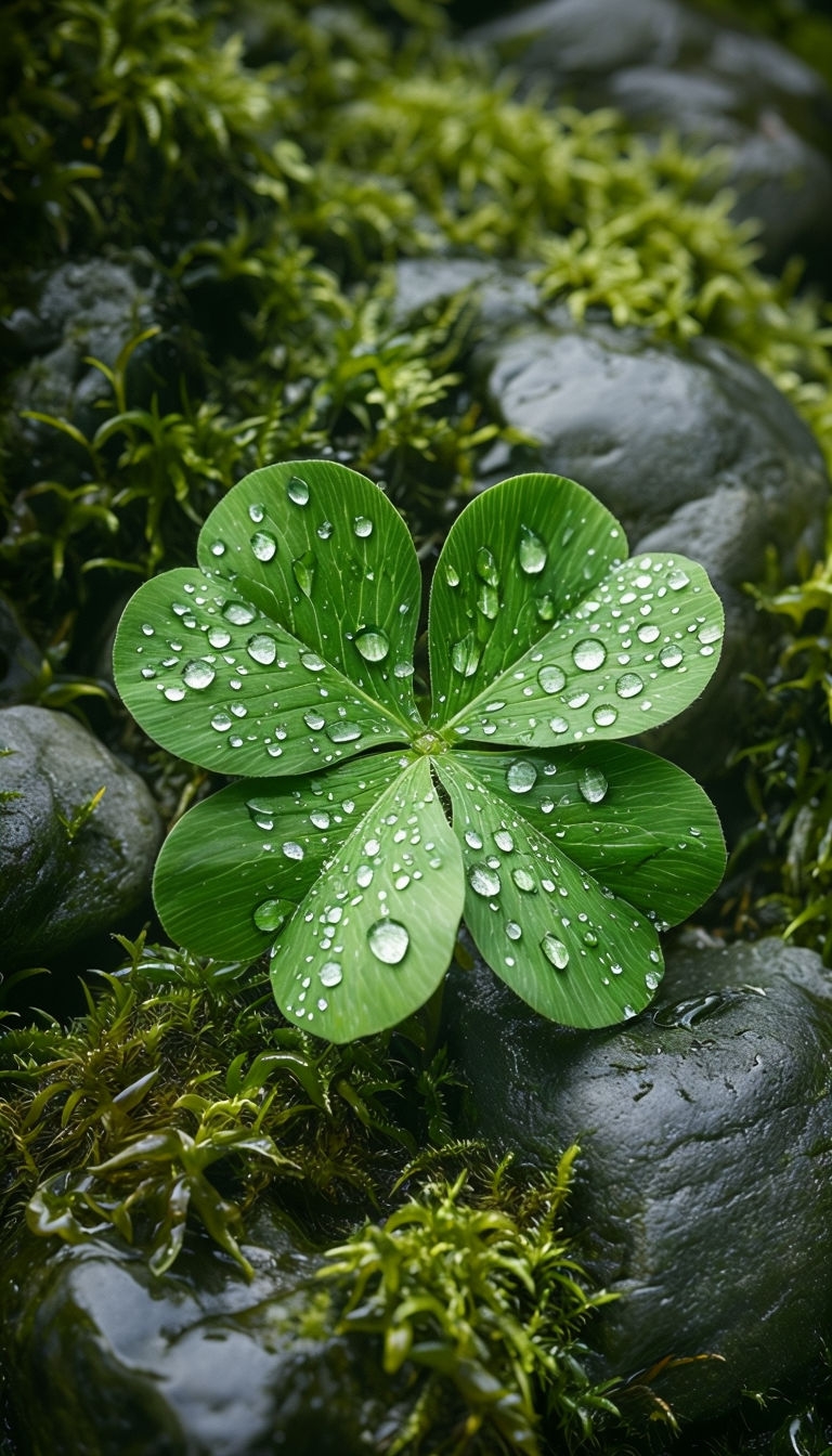 Close-Up Four-Leaf Clover on Moss Rock Nature Scene Mobile Wallpaper