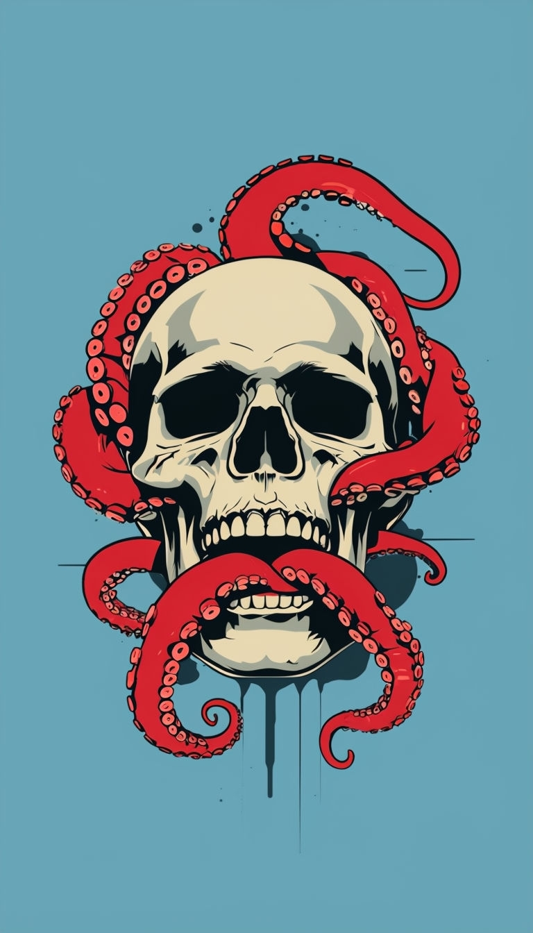 Bold Skull Embraced by Red Octopus Tentacles T-shirt