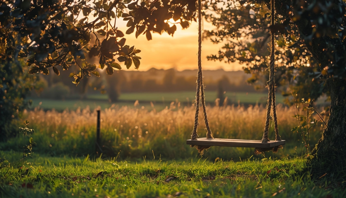 Serene Sunset Wooden Swing in Lush Garden Virtual Background