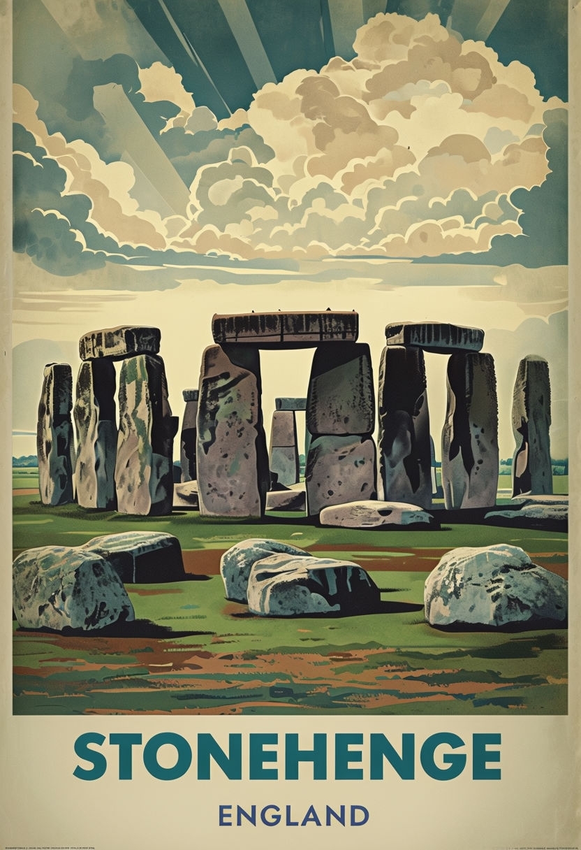 Vintage Stonehenge Travel Illustration with Dramatic Sky Poster