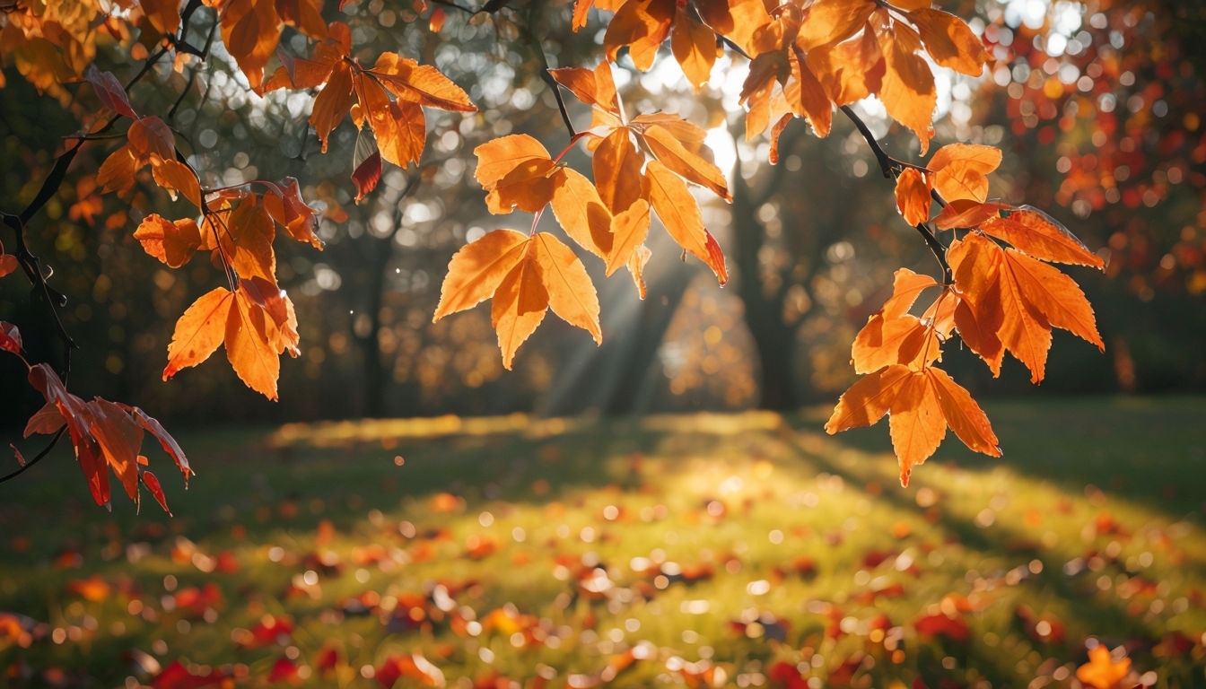 Serene Autumn Landscape with Vibrant Leaves and Sunlight Poster