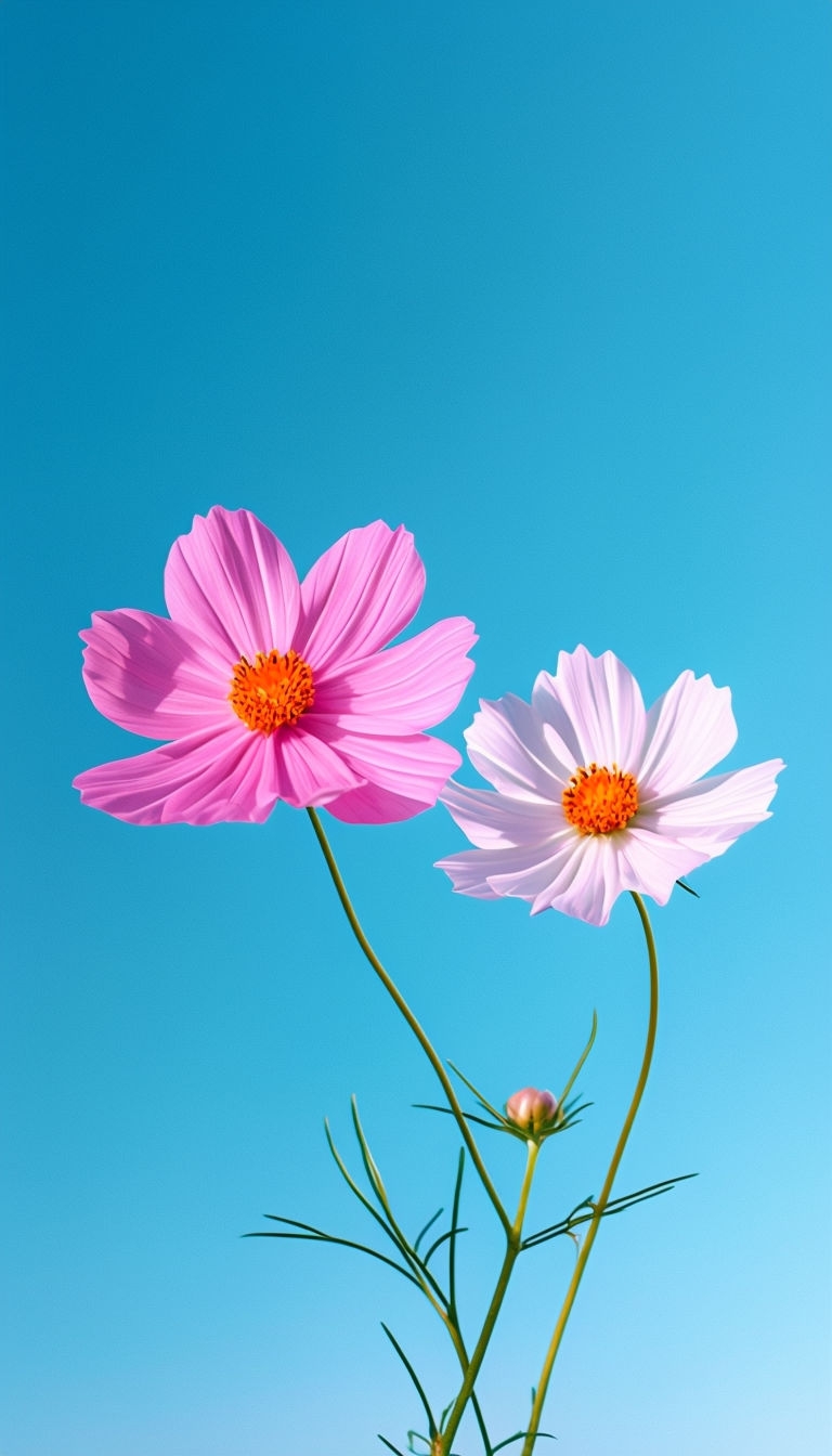 Serene Cosmos Flowers on Sky Blue Background Mobile Wallpaper