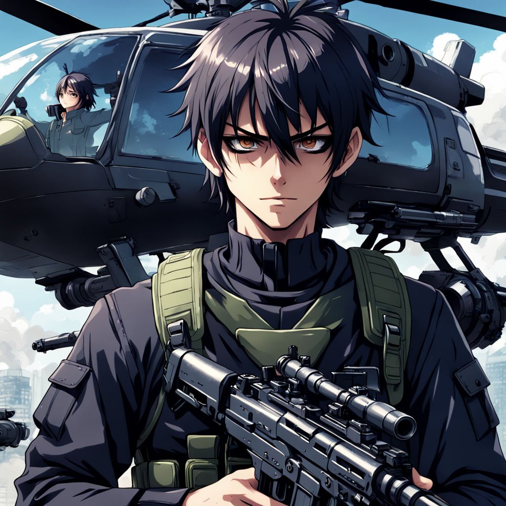 Digital art from a male anime character wearing a military uniform with  black long hair