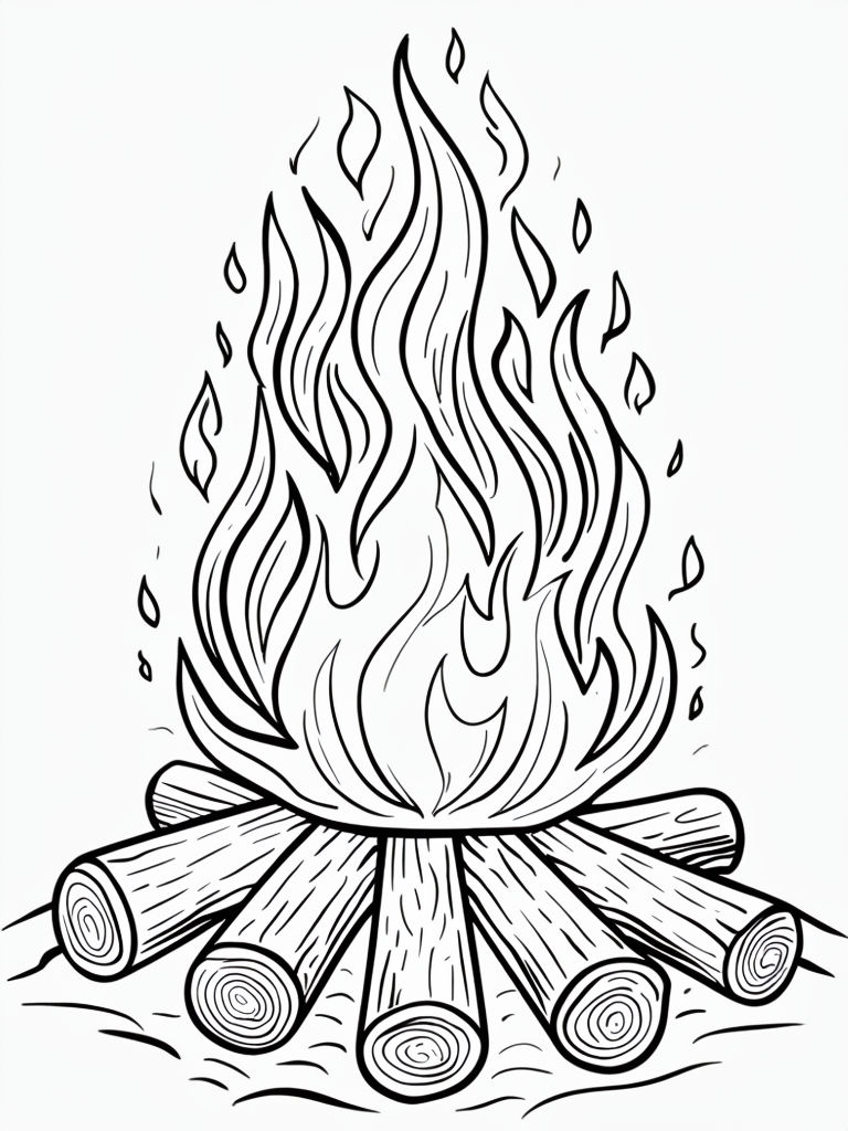 Intricate Black and White Campfire Line Drawing Coloring Page