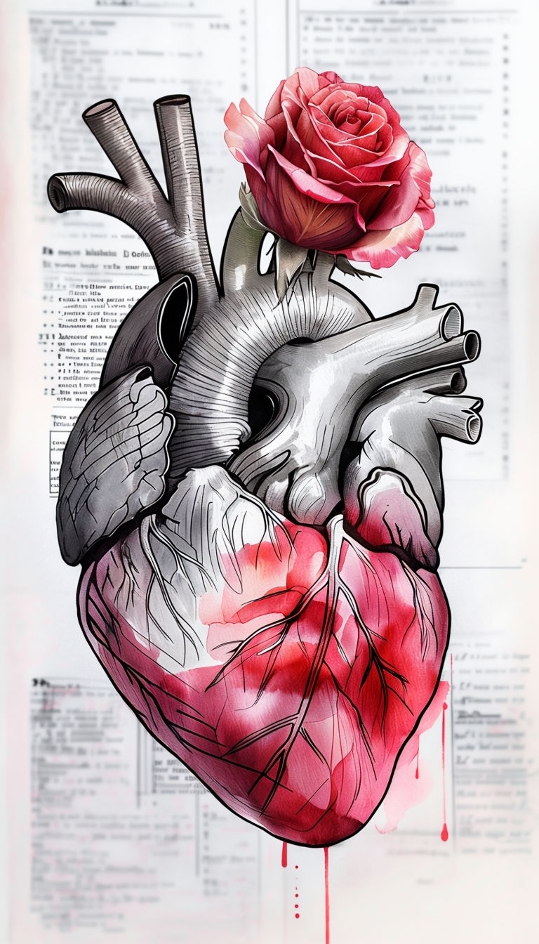 Anatomical Heart with Vibrant Rose Illustration Mobile Wallpaper