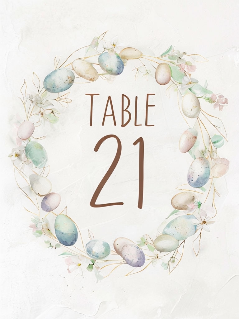 Elegant Pastel Easter Table Number Sign with Watercolor Wreath Event Sign
