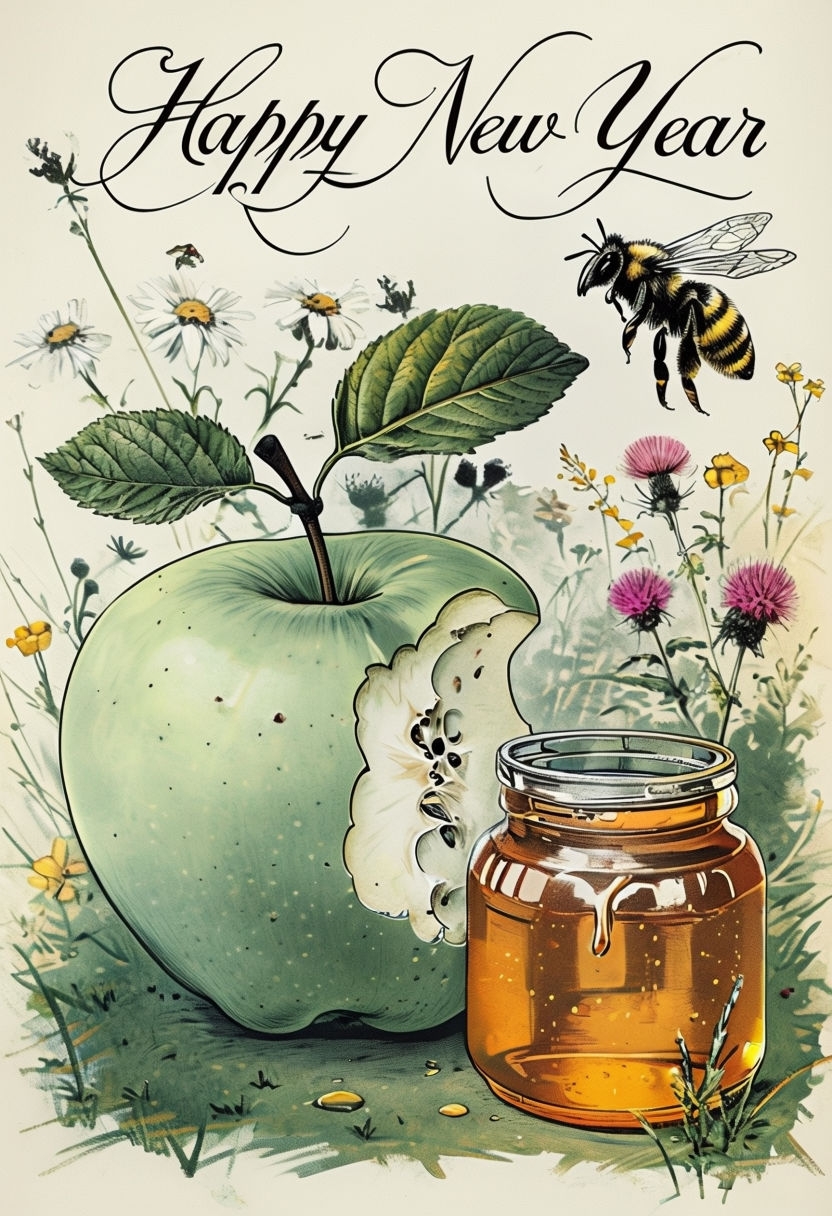 Festive New Year Greeting with Apple and Honey Illustration Card