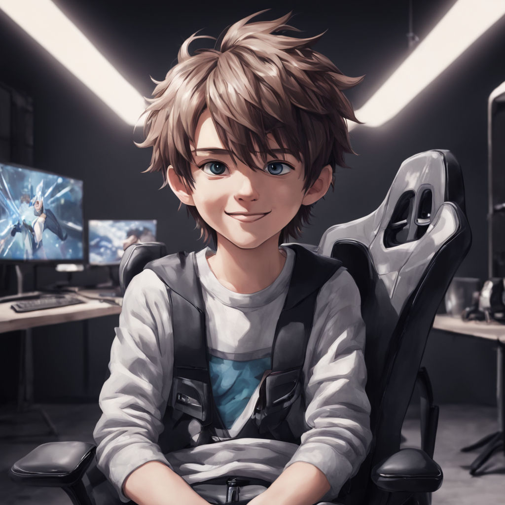 A boy (anime character) sitting on desk in a YouTube studio room looking  front