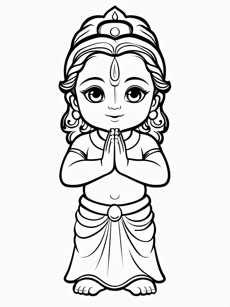 Cute Lord Krishna with Prayer Hands Coloring Book Page