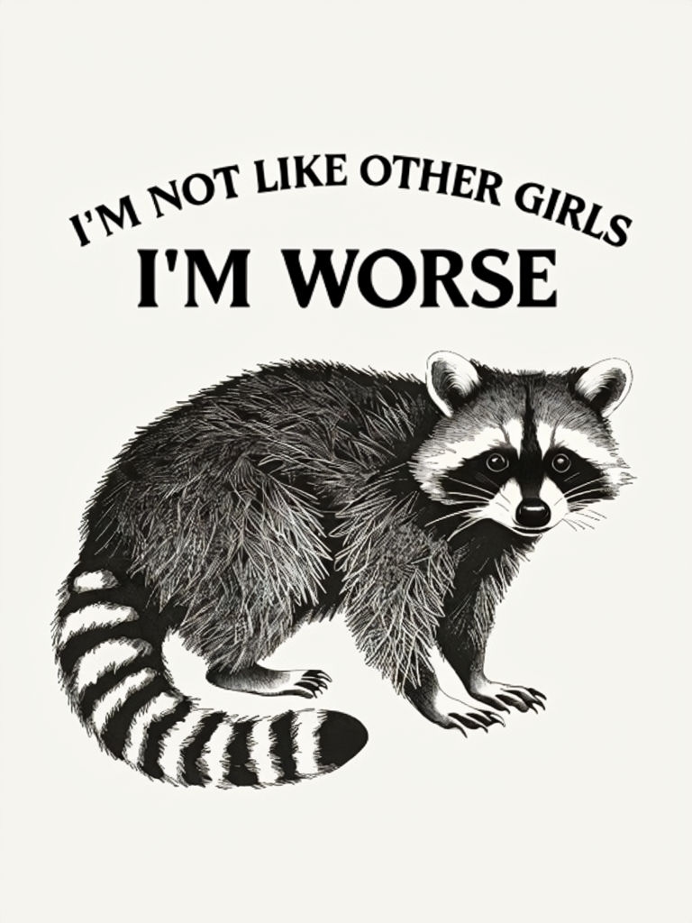 Humorous Black and White Raccoon Illustration T-Shirt