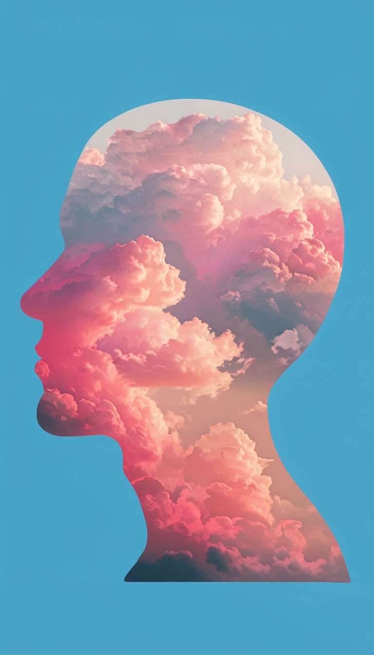 Stylized Silhouette of a Dreamy Cloud-Filled Head Poster