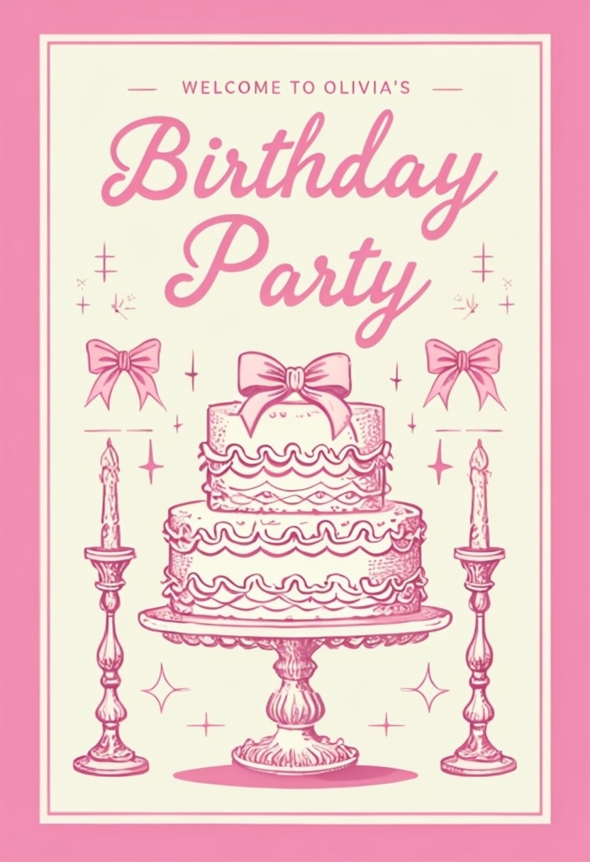 Vintage Pink Birthday Party Invitation Poster for Olivia's Event Sign