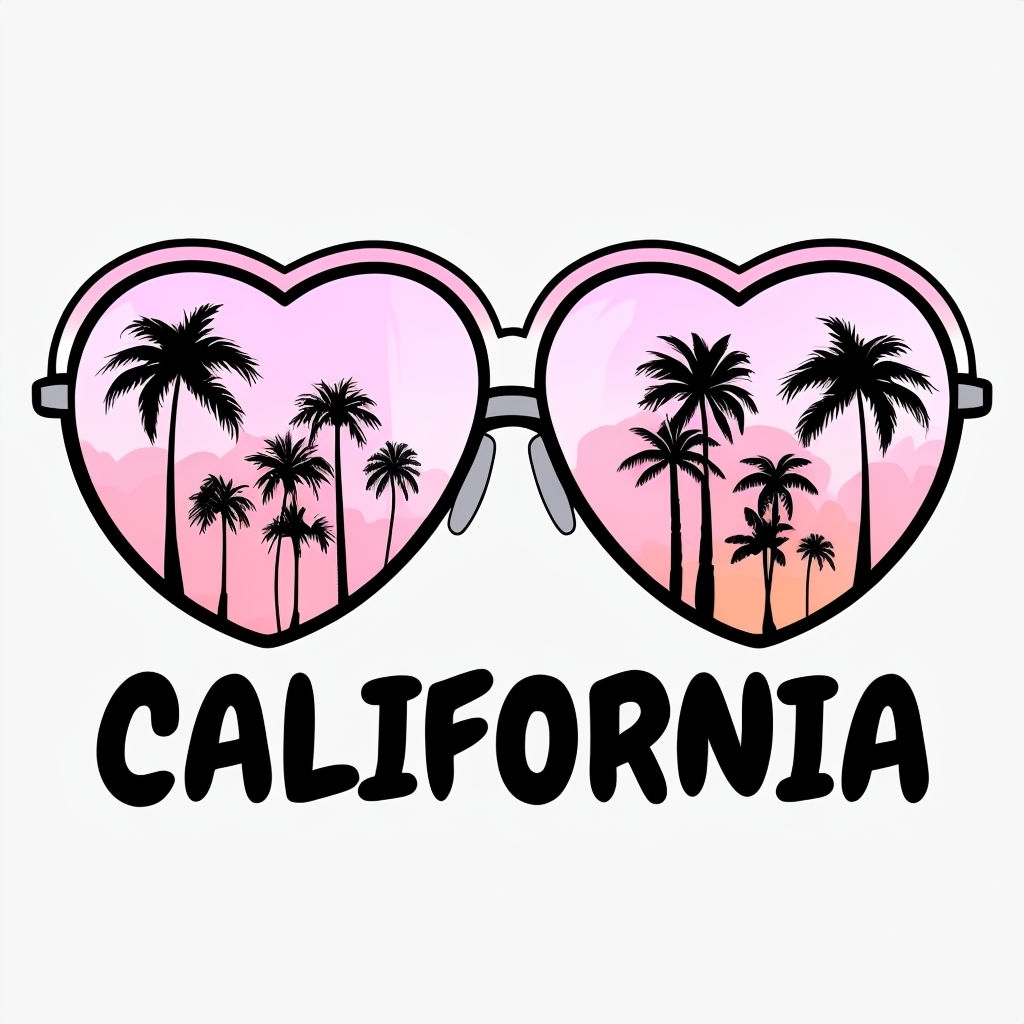Heart-Shaped Sunglasses with Palm Trees and California Text Sticker