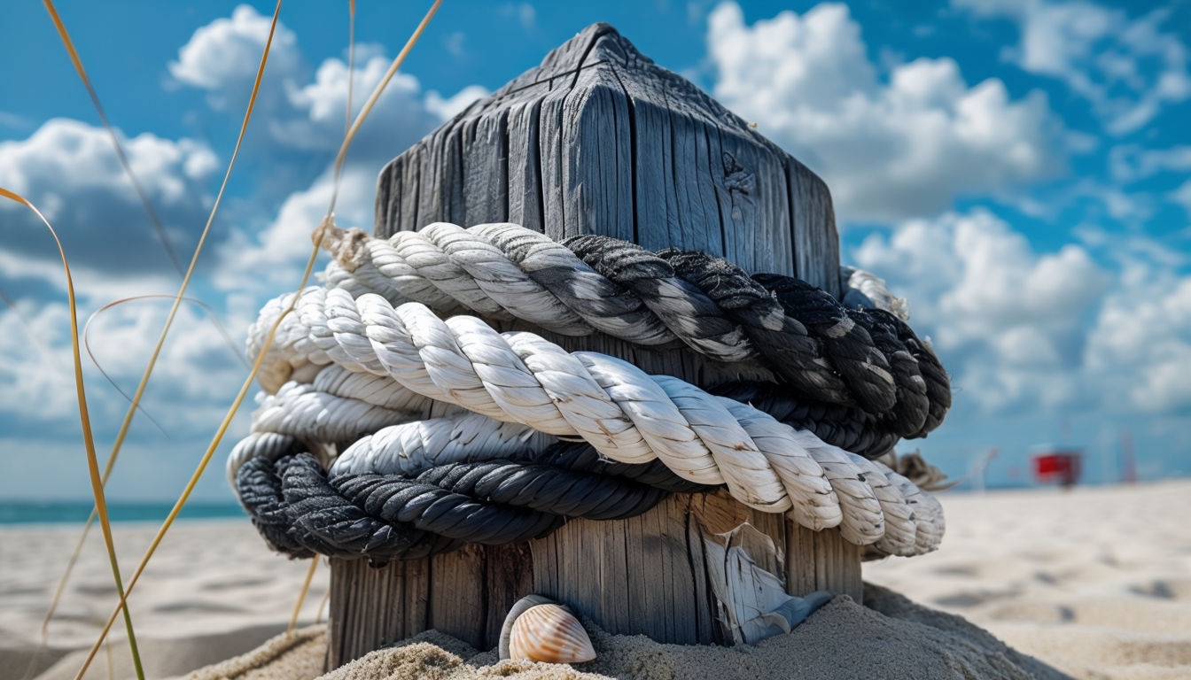 Rustic Beach Wooden Post with Ropes and Seashell Background Virtual Backgrounds