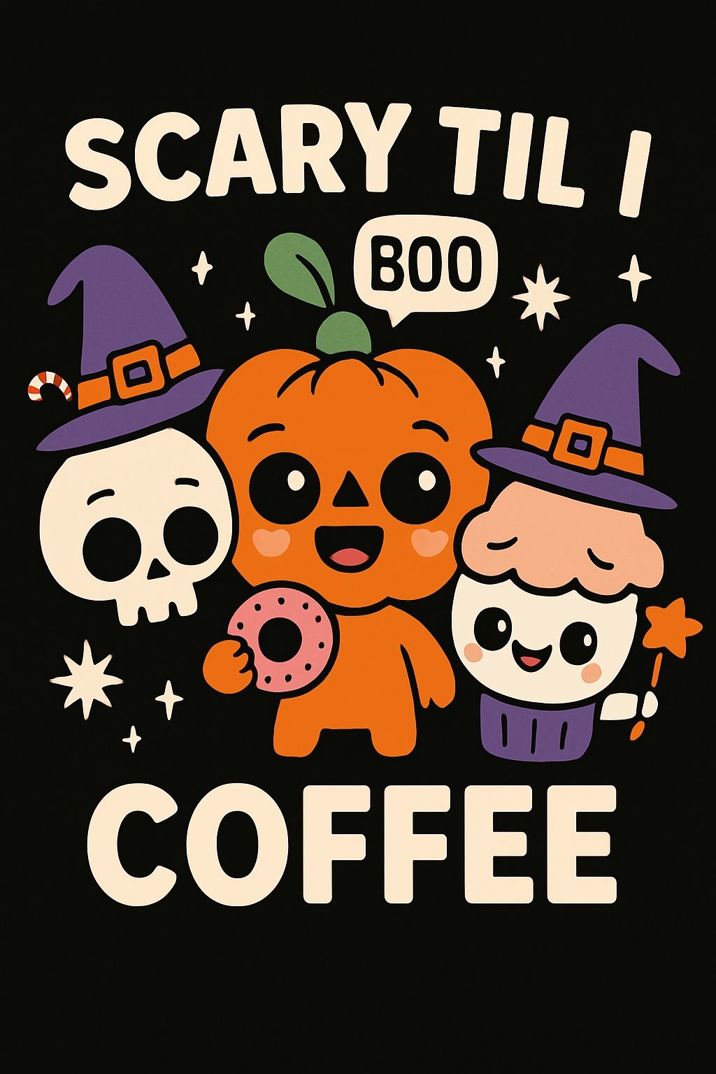 Whimsical Halloween Characters with Cute Pumpkin and Donut Poster