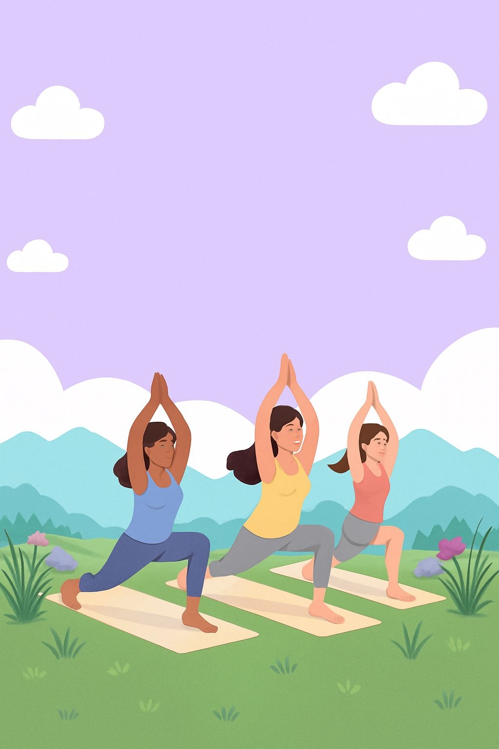 Serene Outdoor Yoga Practice by Three Women Illustration Flyer