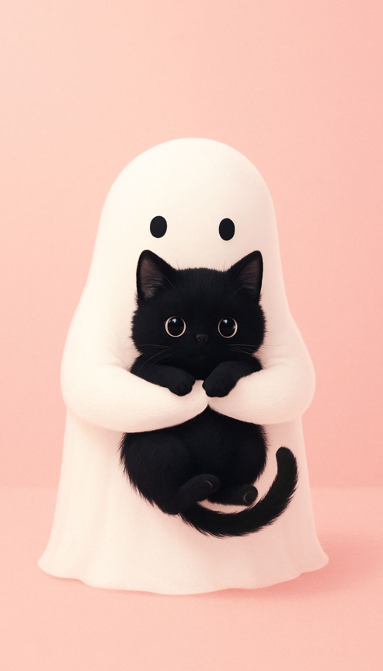 Charming Black Kitten Embraced by Ghost Illustration Mobile Wallpaper