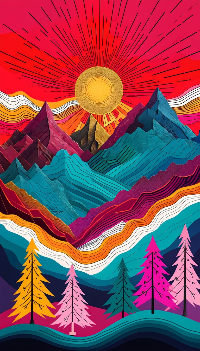 Vibrant Abstract Mountain Landscape with Colorful Trees Wallpaper