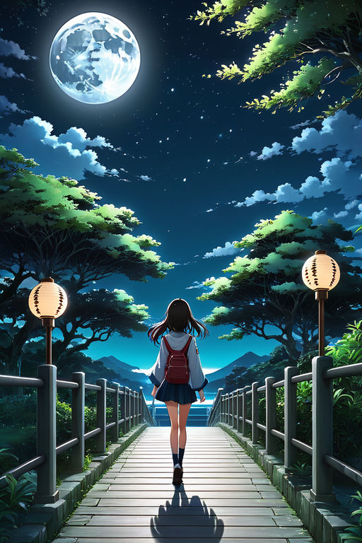 Anime girl walking on a walkway at night with a full moon in... by ...