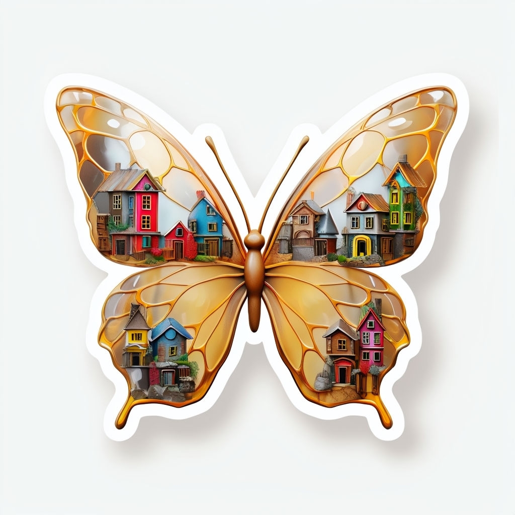 Whimsical Butterfly with Colorful Houses Sticker