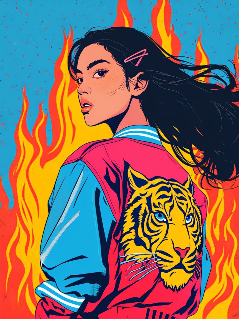 Dynamic Pop Art Illustration of Young Woman in Vibrant Attire Art