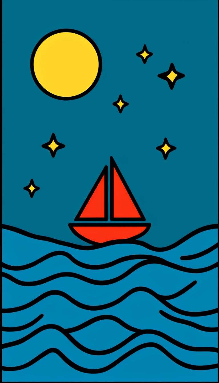 Serene Night Ocean Scene with Moon and Sailboat Illustration Mobile Wallpaper