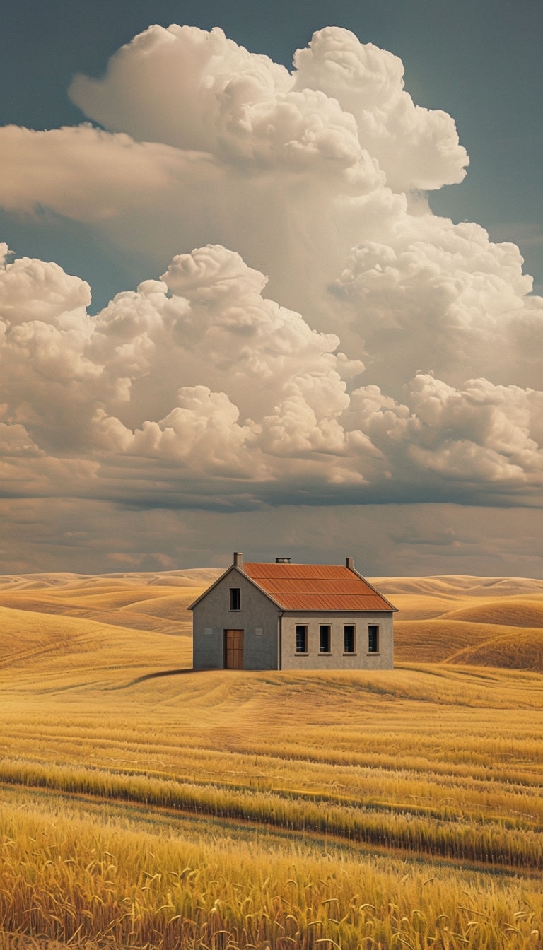 Serene Rural Landscape with House and Wheat Fields Mobile Wallpaper