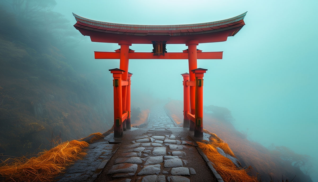 Mysterious Red Torii Gate in Foggy Landscape Virtual Background