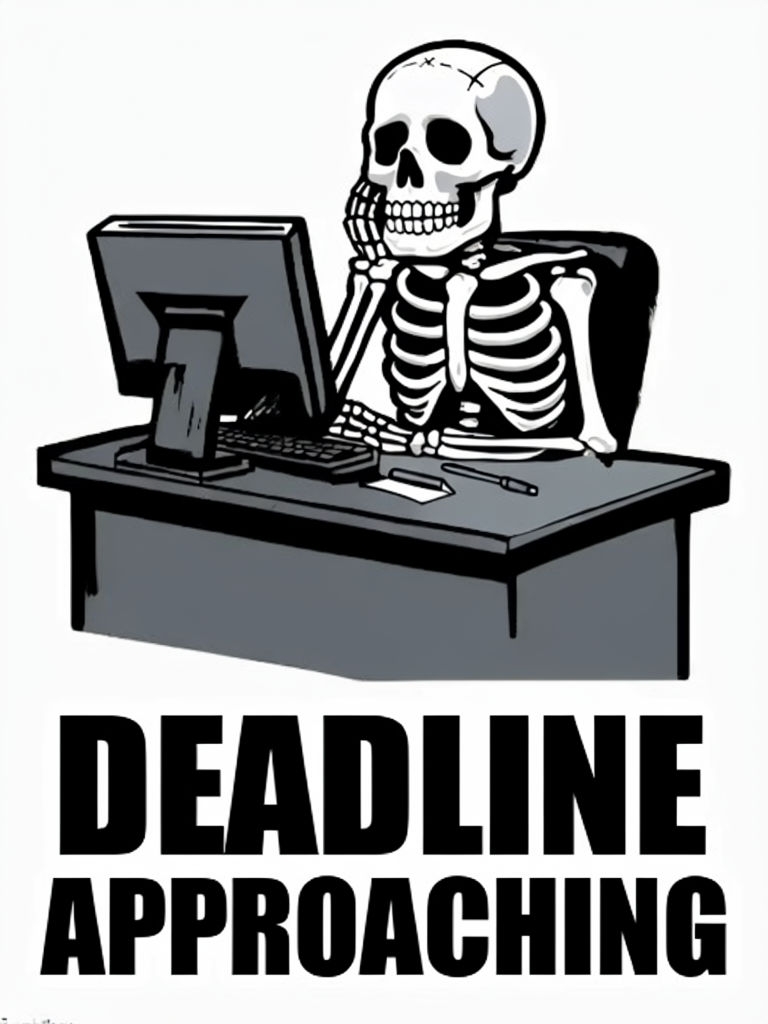 Humorous Skeleton Behind Desk with Deadline Text T-shirt
