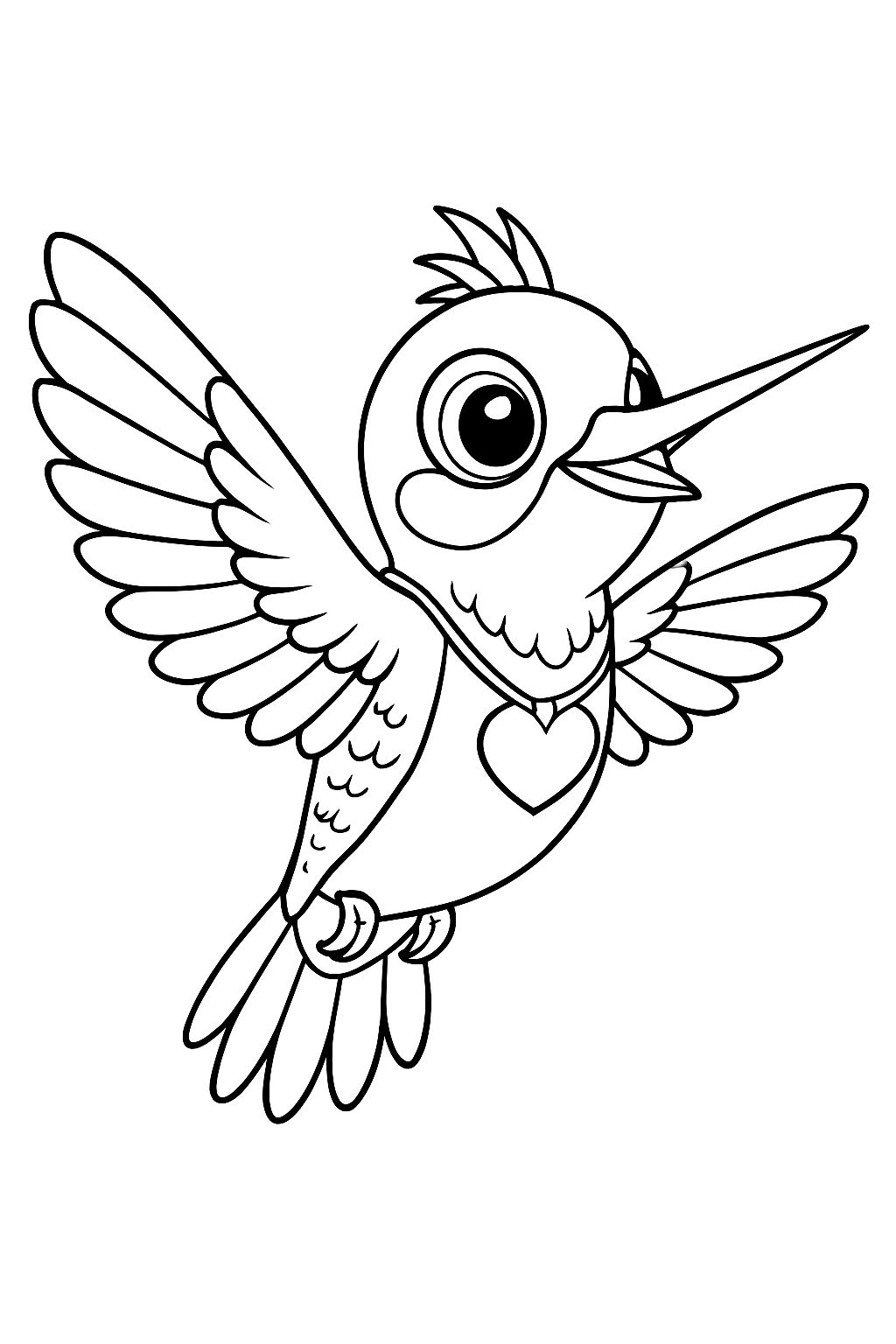 Cute Mid-Flight Cartoon Bird Line Drawing for Coloring Book Pages
