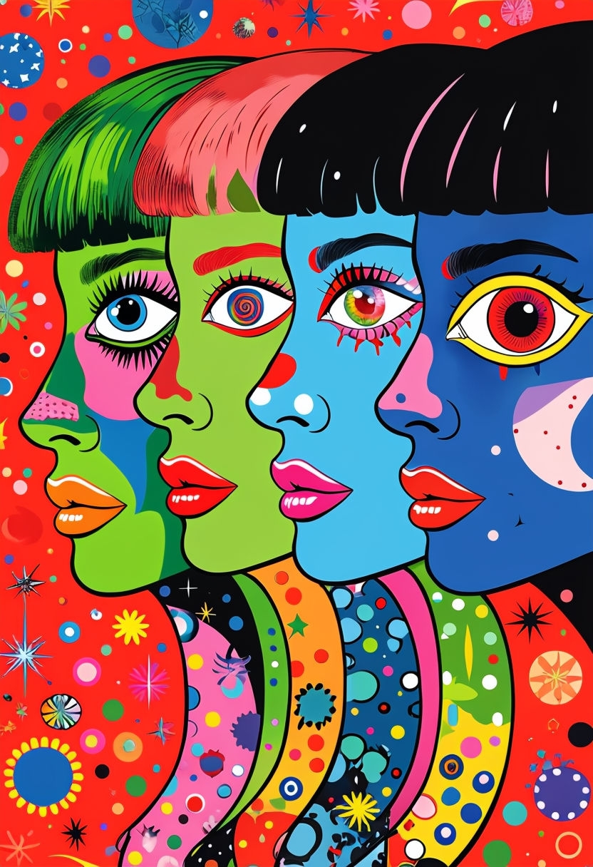 Vibrant Pop Art Abstract Faces Illustration Poster