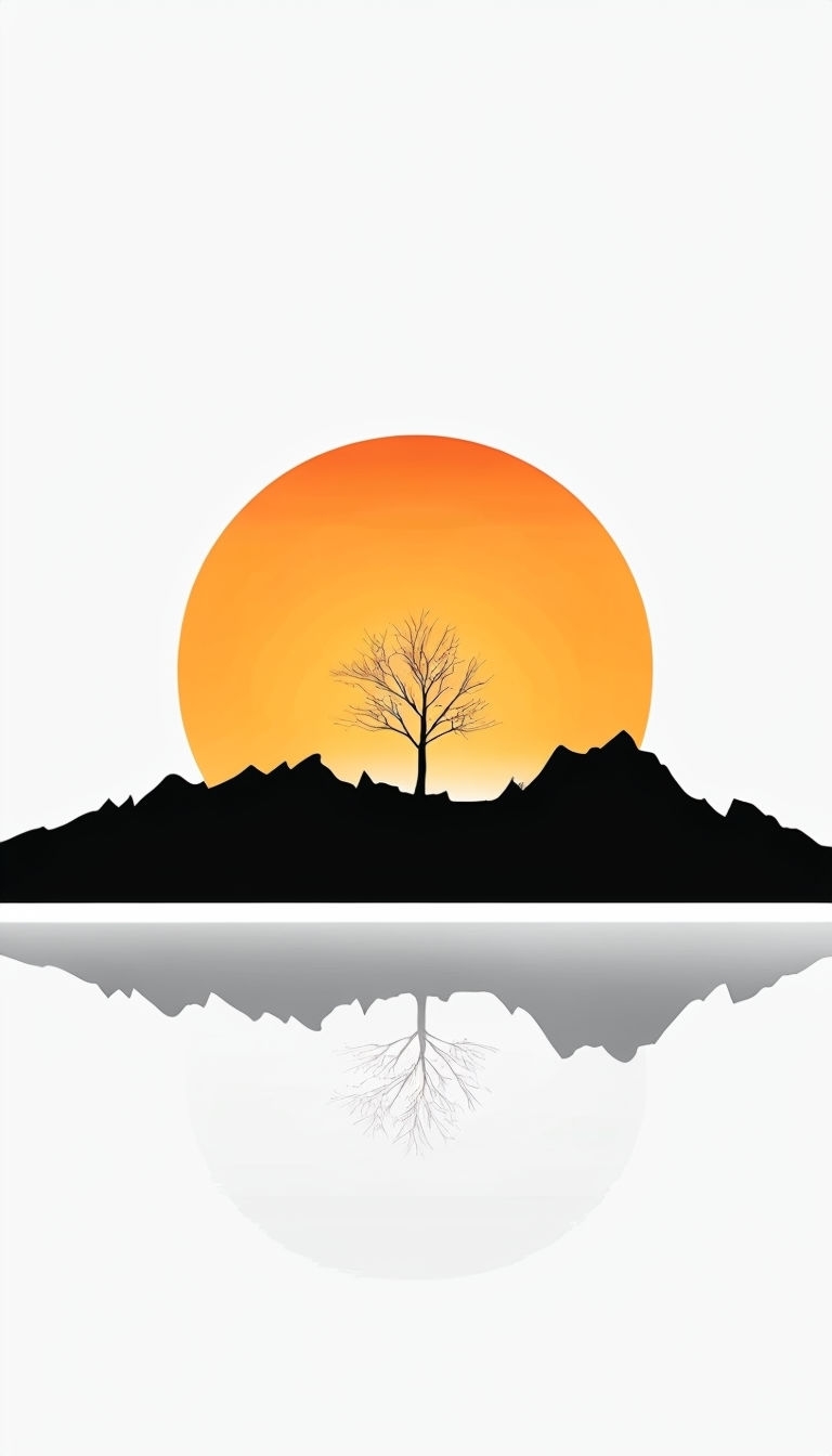 Minimalist Sunset Landscape with Tree and Mountain Reflection Mobile Wallpaper