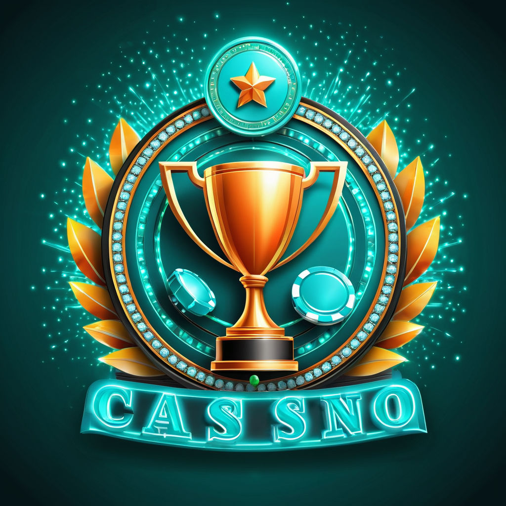 3d style, tournament logo with an illuminated trophy, Banner for an online casino with attributes of slot machines. Only turquoise and orange colors should be present, more neon green or orange can be added, the banner can contain a hammer throwing sparks and a turquoise circle emblem with money and gems, This design conveys luxury, precision, speed, elegance, Visuals must convey triumph, victory and leadership