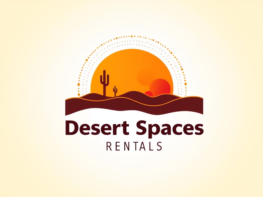 Minimalist Desert Spaces Rentals Logo with Vibrant Sun and Cacti