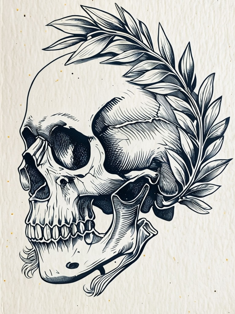 Intricate Navy Blue Skull with Laurel Wreath Line Drawing Art