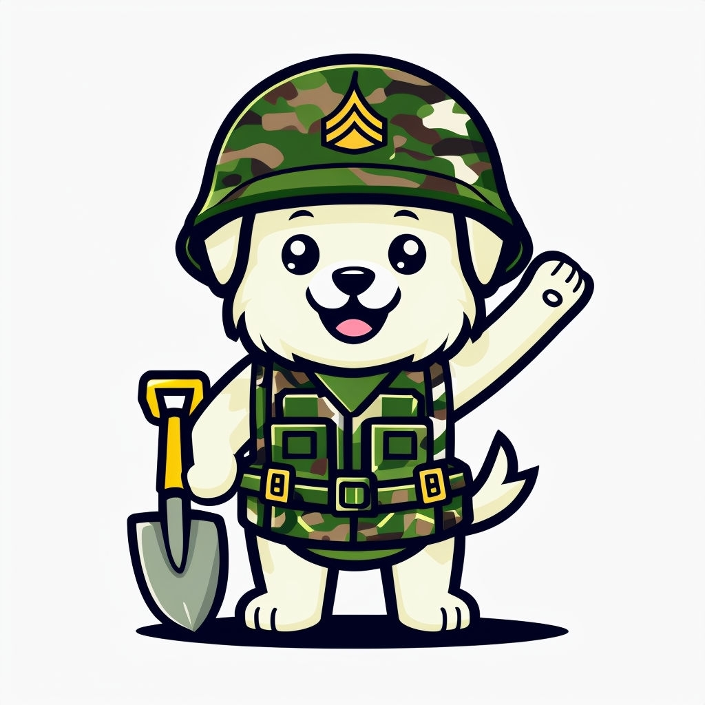 Joyful Cartoon Dog Character in Camouflage Helmet Sticker