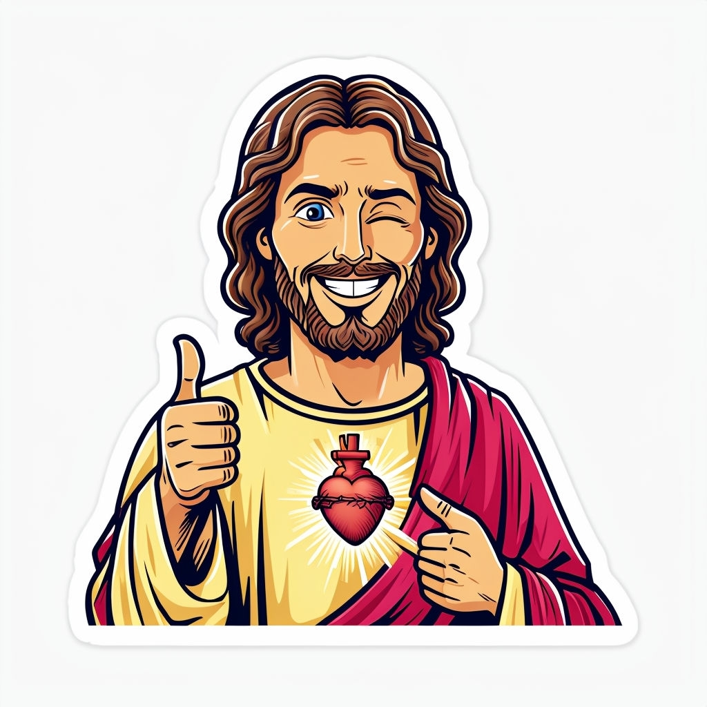 Playful Cartoon Jesus Christ Illustration with Sacred Heart Sticker