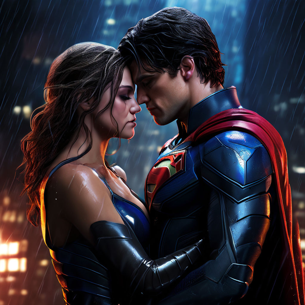 Superman and Lois Lane swaying romantically under a dusky rain-soaked sky