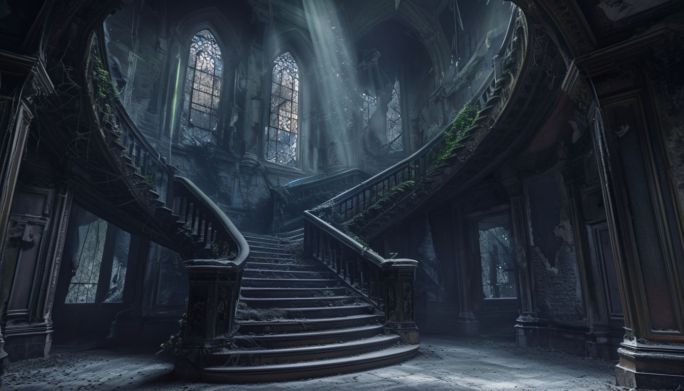 Haunting Gothic Mansion Staircase Atmospheric Virtual Background