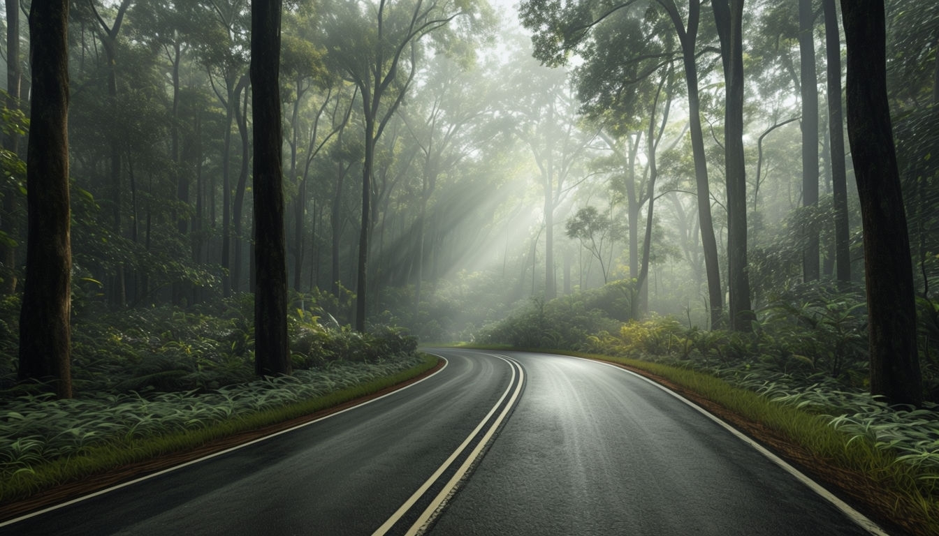 Serene Winding Road Through Lush Forest Virtual Background