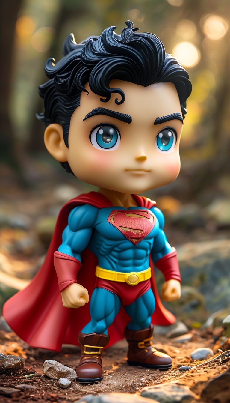 Charming Chibi Superman Figurine on Rocky Terrain Art