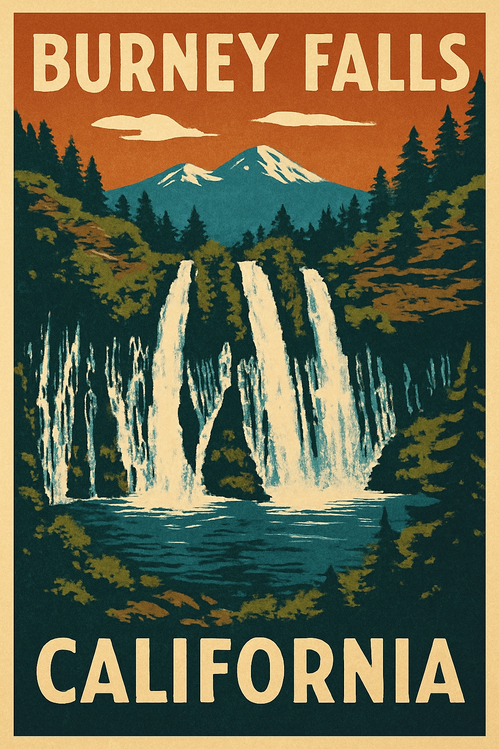 Vintage Burney Falls Travel Poster with Lush Nature Scenery