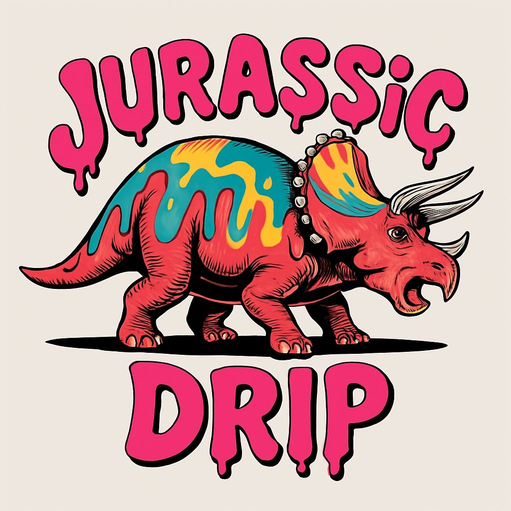Vibrant Cartoon Jurassic Dinosaur Design with Dripping Text T-Shirt