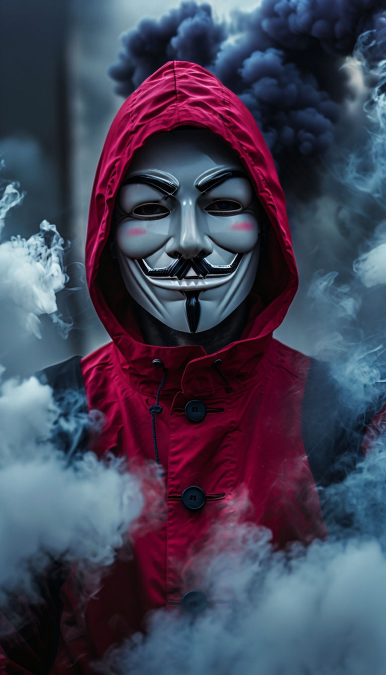 Mysterious Crimson Hooded Jacket and Guy Fawkes Mask Photograph Art