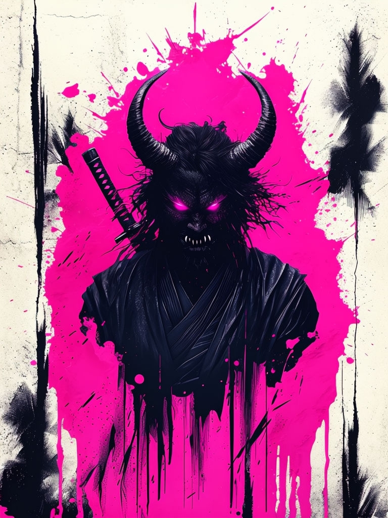Dark Monstrous Figure with Neon Pink Splatter Artwork T-Shirt