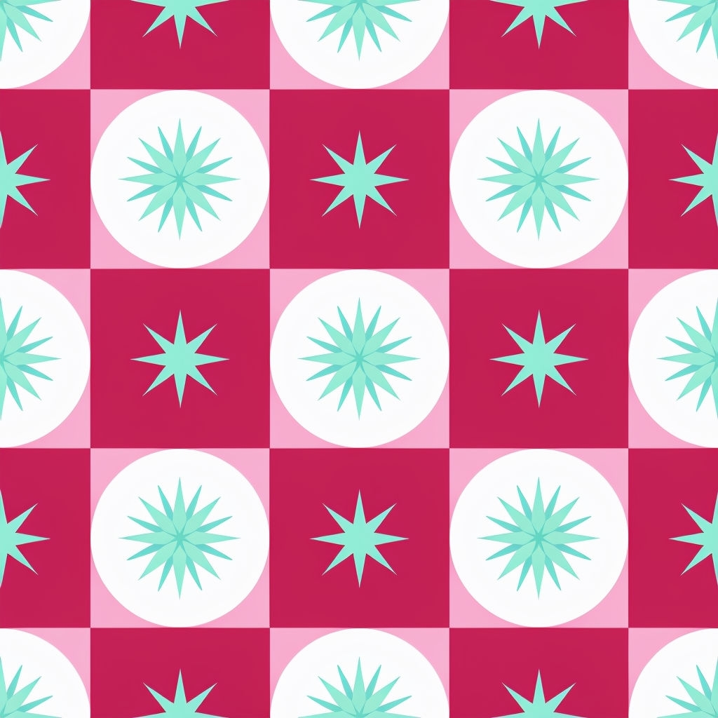 Vibrant Geometric Star Pattern with White Circles and Mint Rays Seamless Pattern