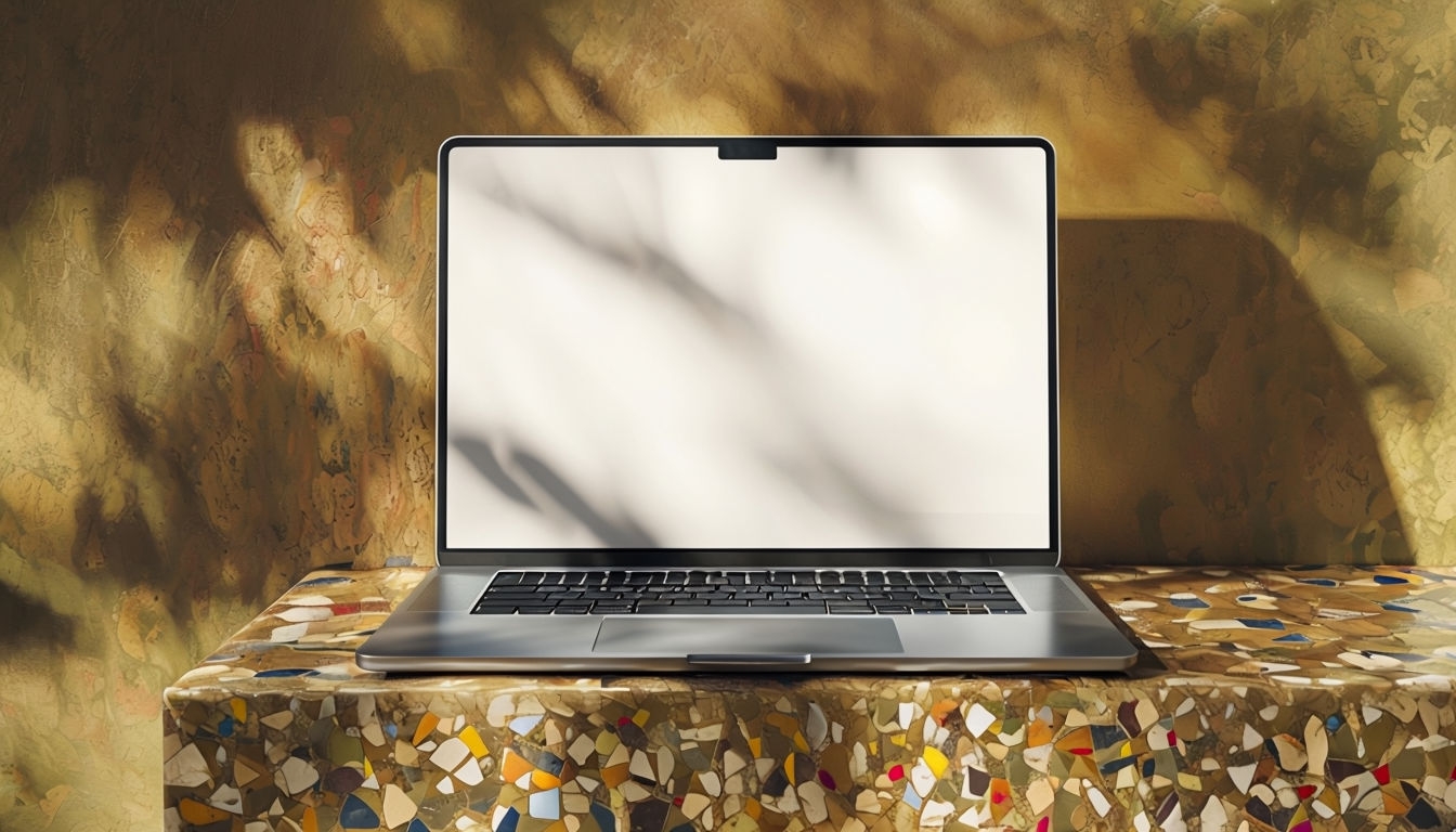 Modern Silver Laptop on Textured Terrazzo Surface Mockup