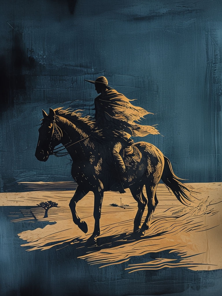 Solitary Rider on Horse Woodblock Print T-Shirt
