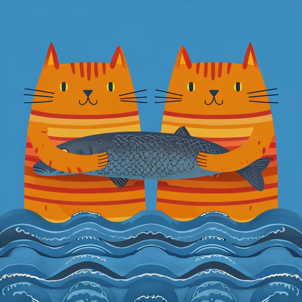 Whimsical Cartoon Orange Cats Holding Fish Illustration Art